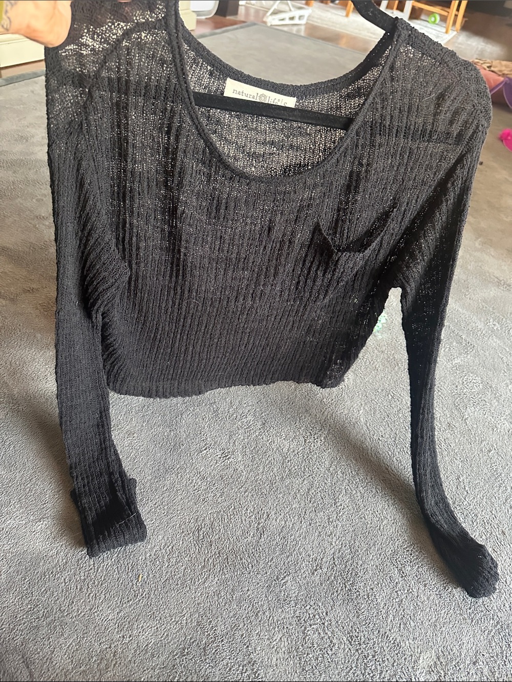 NATURAL LIFE Black Ribbed Sheer Long Sleeve Top